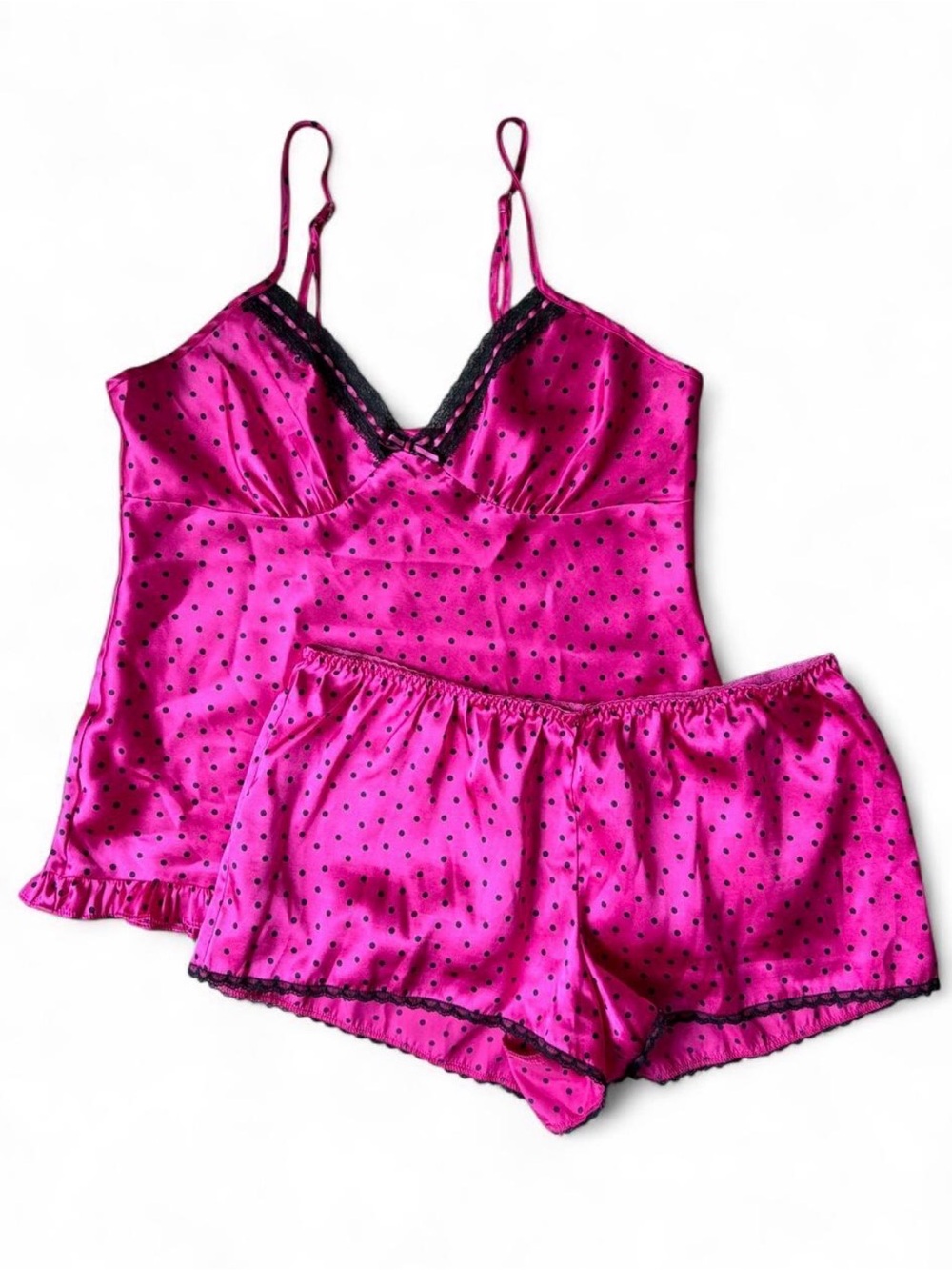 Apt. 9 Pink and Black Polka Dot Satin Cami and Shorts Pajama Set with Lace Trim